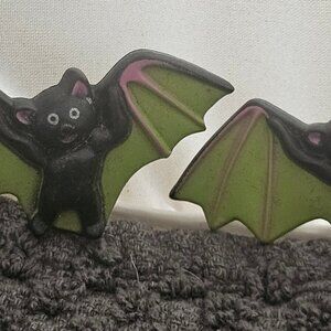 Spooky Cute Bat Clip on Earrings Green Wingspan Halloween